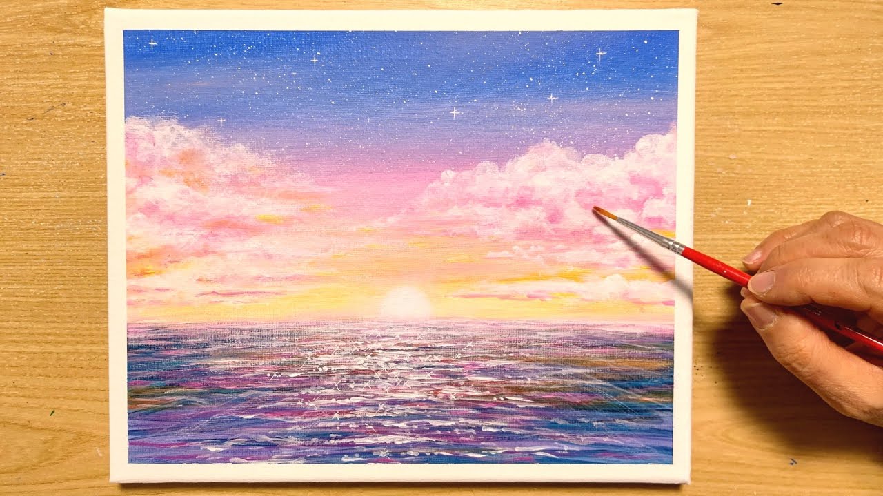 How to draw a pink sunset with acrylic paint / Simple acrylic