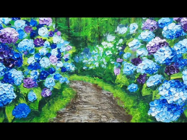 油絵】【梅雨の紫陽花の道】 #油絵 #手書き #アート #紫陽花 #絵画 #絵