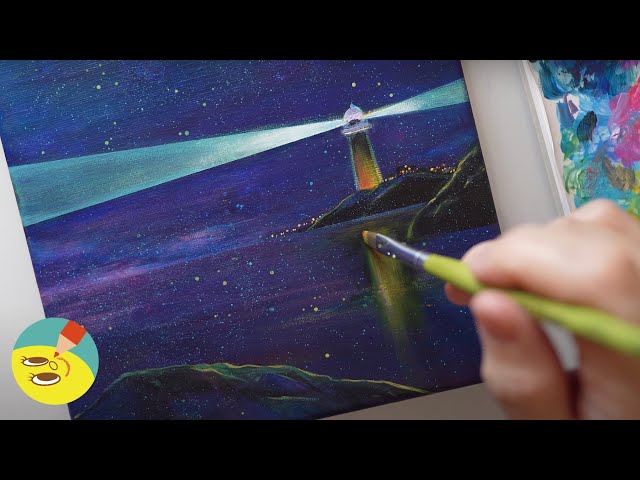 700人突破記念即興Art】夜の灯台・Lighthouse in space・アクリル画
