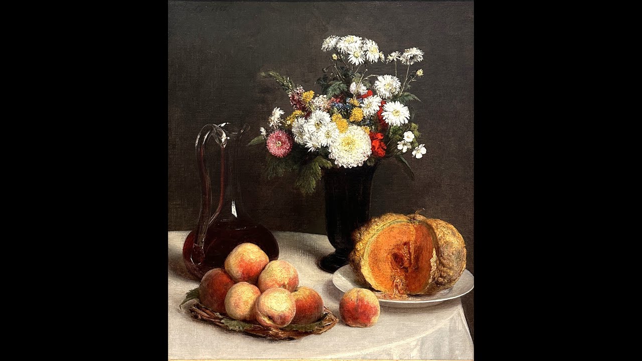 花と果物、ワイン容れのある静物】フランス画家-アンリ・ファンタン