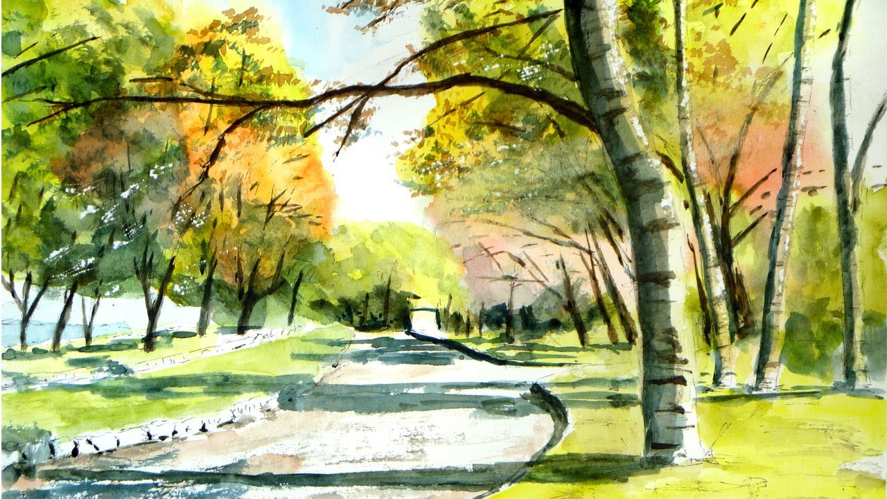 秋の公園と爽やかな日差し （透明水彩風景画） Autumn public garden