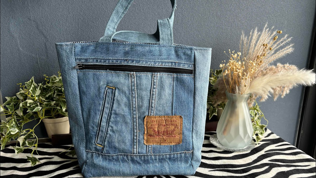 男女兼用 シンプルカッコいい！デニムリメイクバッグ（縦長トート