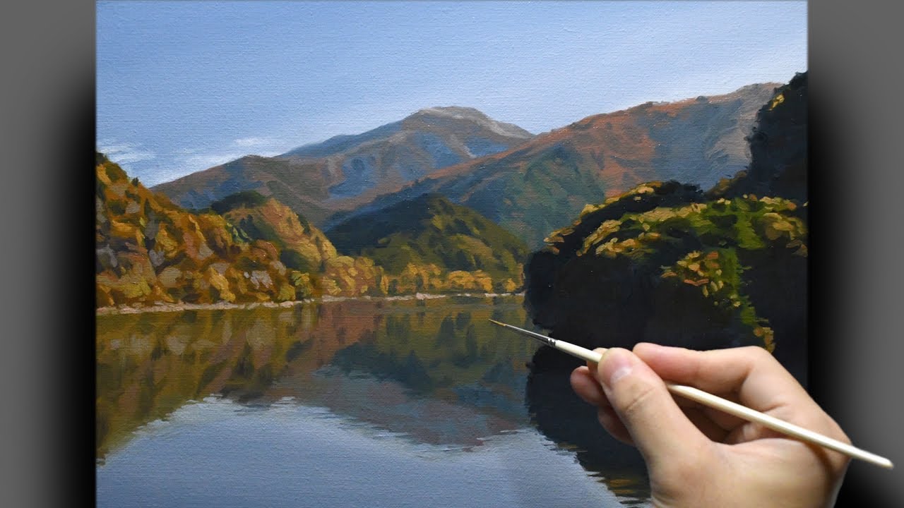 油絵] 3時間20分で描くリアルな秋の湖の風景のメイキング | 描き方