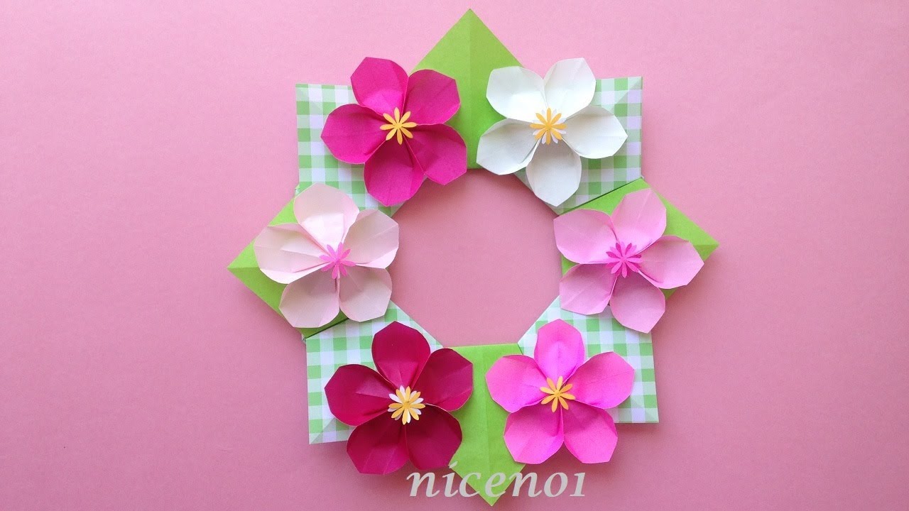 折り紙 桃の花リース 折り方 Origami Flower peach wreath tutorial
