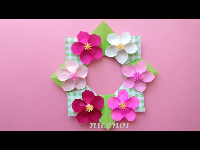 折り紙 桃の花リース 折り方 Origami Flower peach wreath tutorial