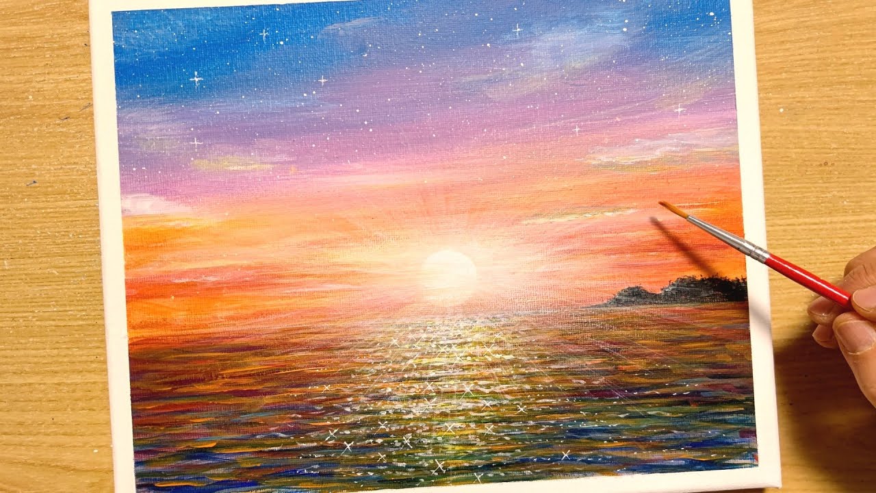 How to draw the sea at sunset glow with acrylic paint / for