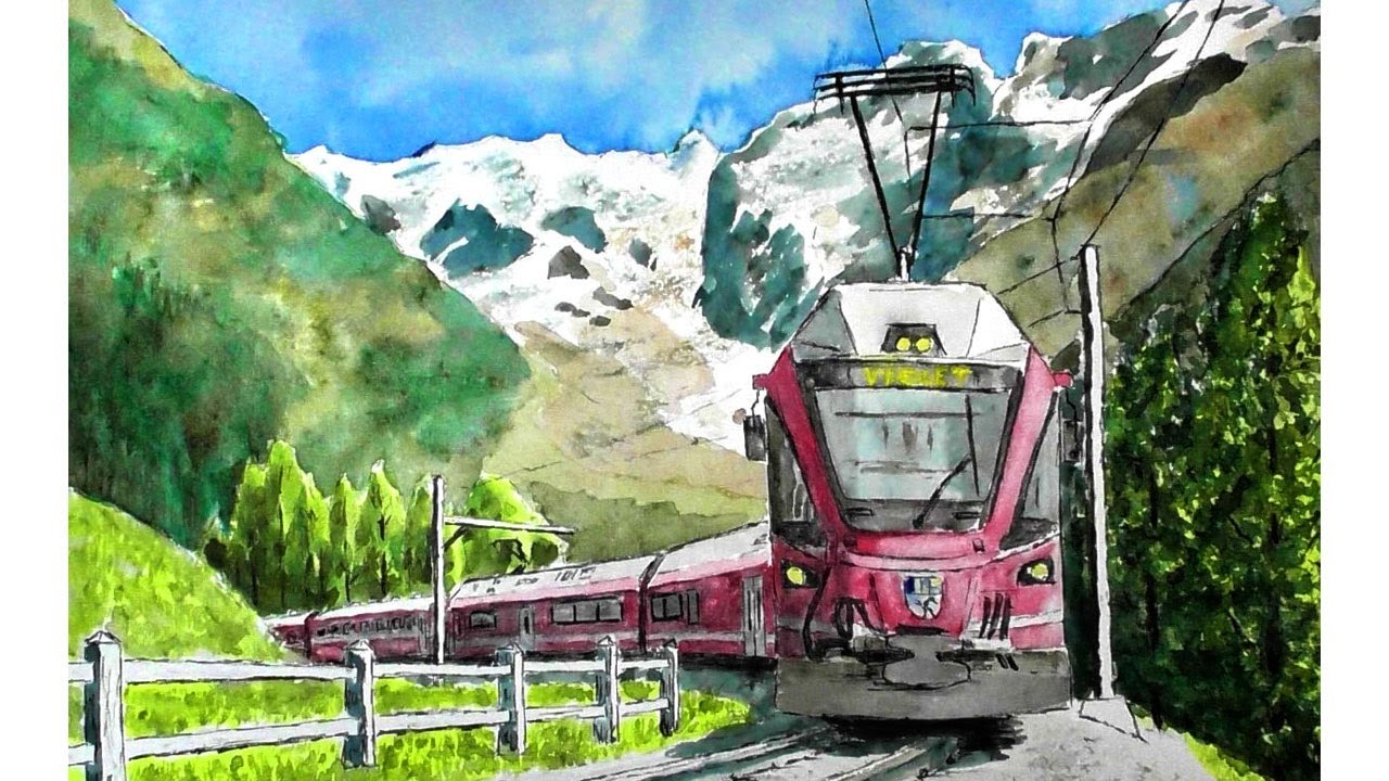 レーティッシュ鉄道とアルプスの山々 （透明水彩風景画） Rhaetian
