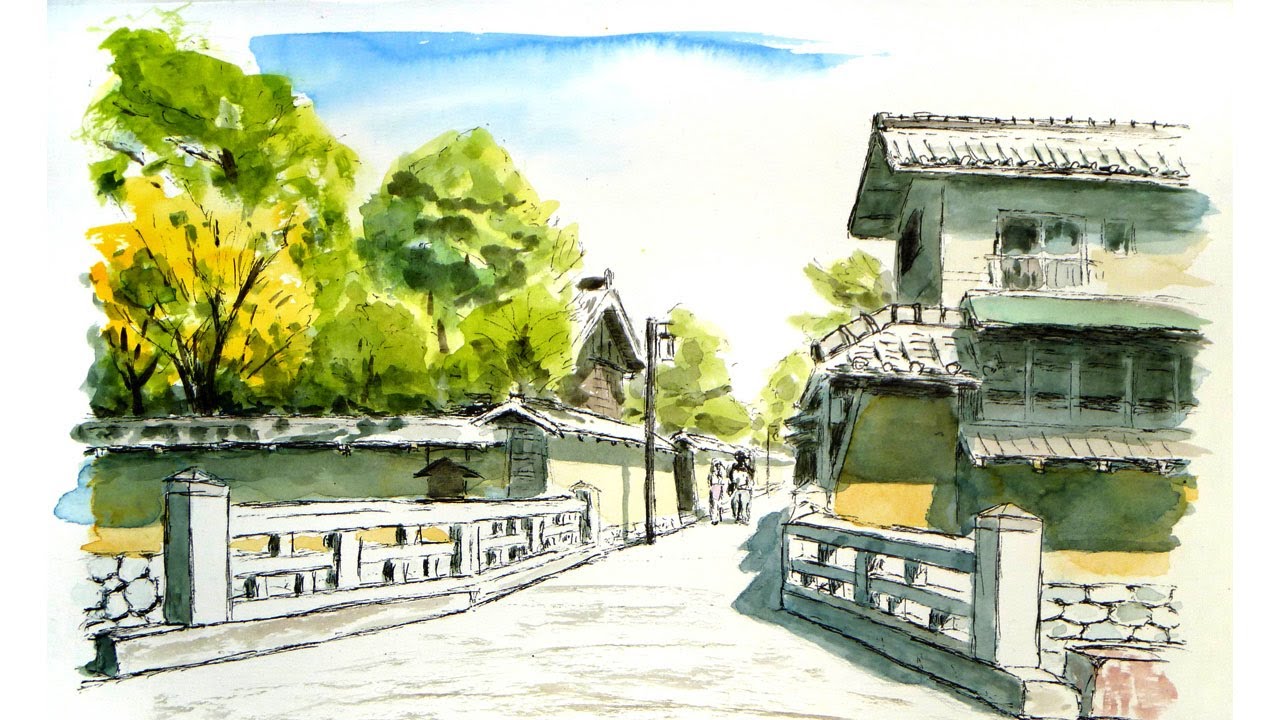 日本の風景、土塀のまち、長町武家屋敷跡 【透明水彩風景画