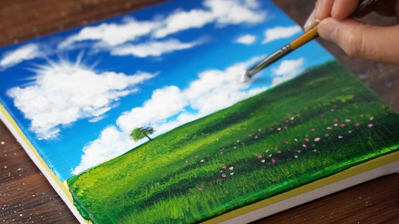 Blue sky and grassland landscape ｜ Acrylic painting ｜ Healing
