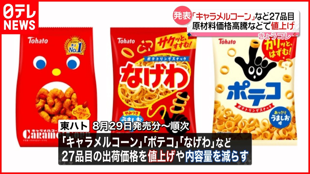 東ハト】「キャラメルコーン」「ポテコ」など 27品目値上げへ - YouTube