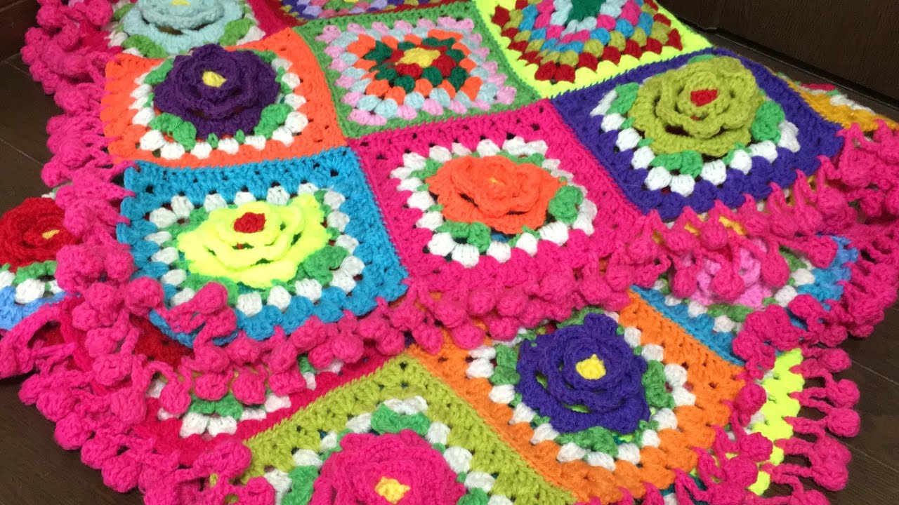 かぎ針編み❣️立体薔薇モチーフ🌹ブランケット(花モチーフの編み方