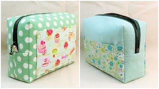 ボックスポーチ作り方 型紙なし How to sew a zipper box pouch 裏地