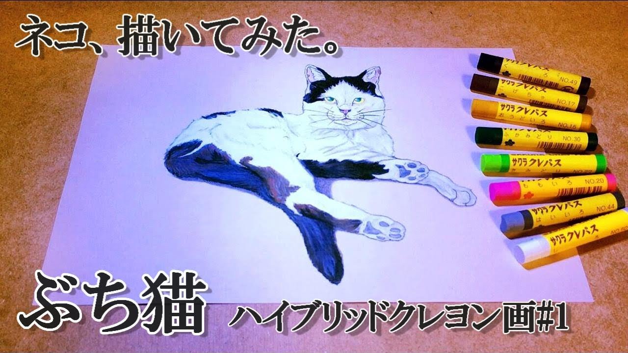ネコ、描いてみた。猫のイラスト ハイブリッド クレヨン画 Cat