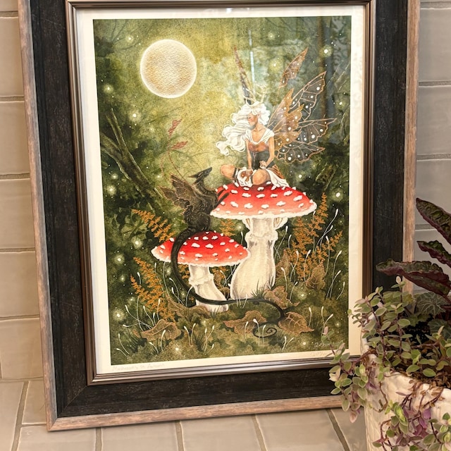 妖精アートの水彩画プリント - 秋のキノコ - ファンタジーアート