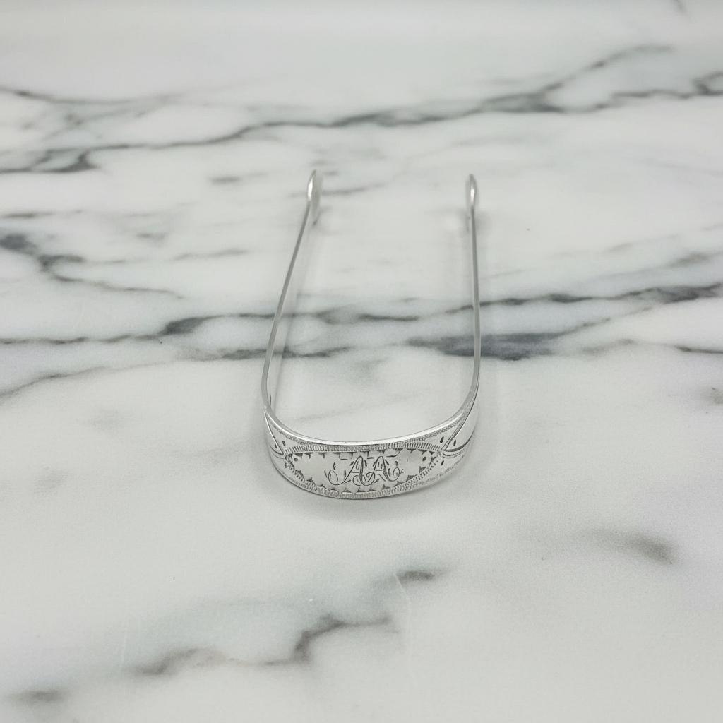 大型アンティークスターリングシルバーシュガートング、1797年の刻印