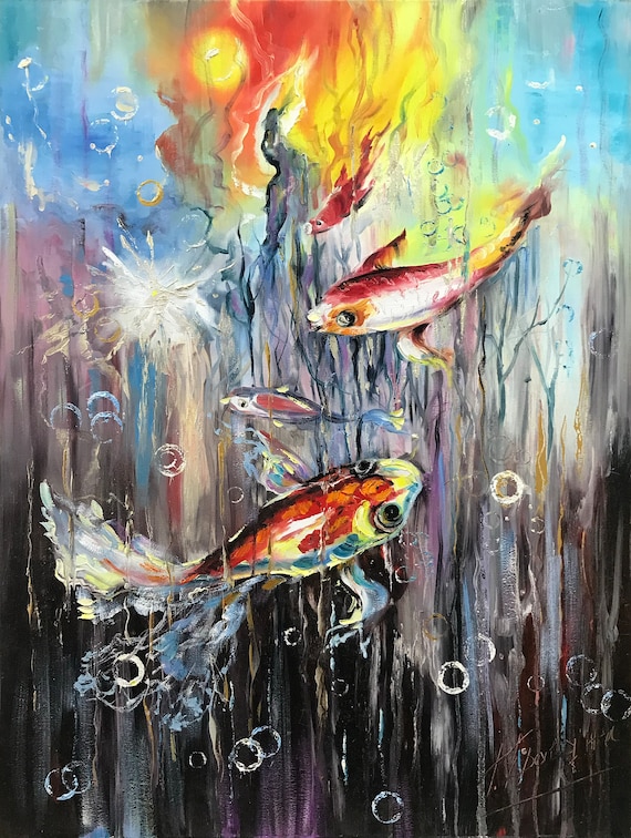 オリジナルの金魚油絵：水中水槽の壁アート - Etsy 日本