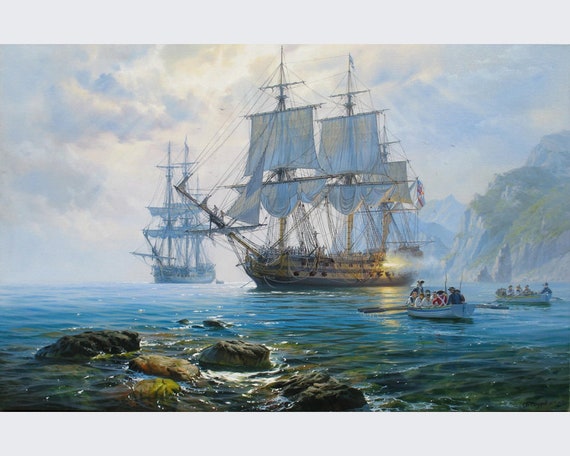 HMS Agamemnon: Original Oil Painting, Seascape Art by Alexander