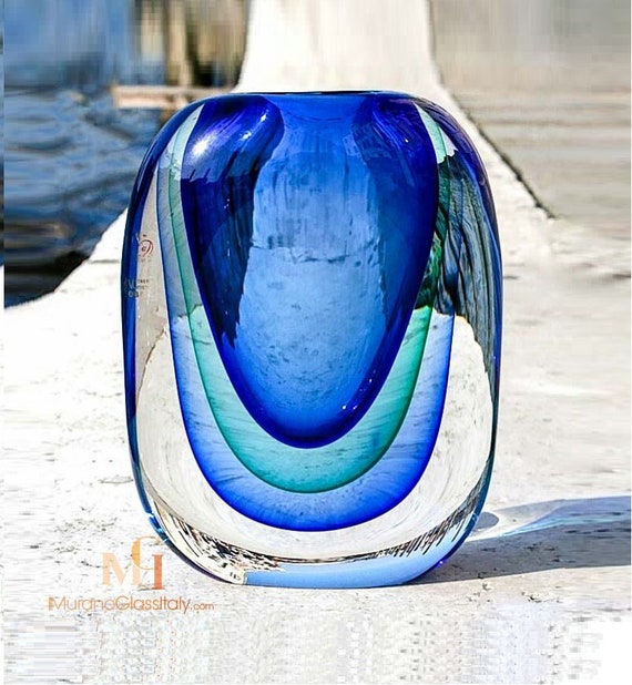 手吹きムラーノガラスの花瓶 - ブルー＆クリアベネチアンクリスタルの