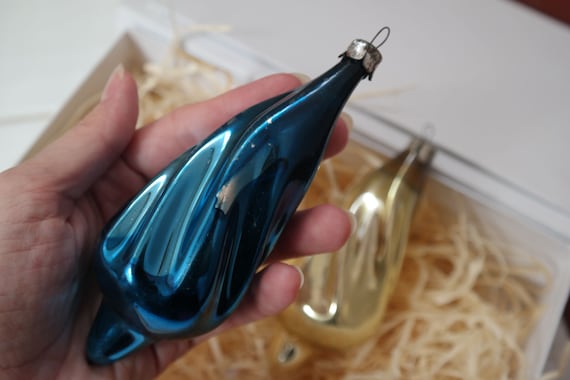 青と金のガラスのクリスマスオーナメントセット ビンテージ 渦巻き