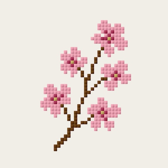 桜のクロスステッチ図案、ミニマルな日本の桜の枝のPDF、小花の刺繍