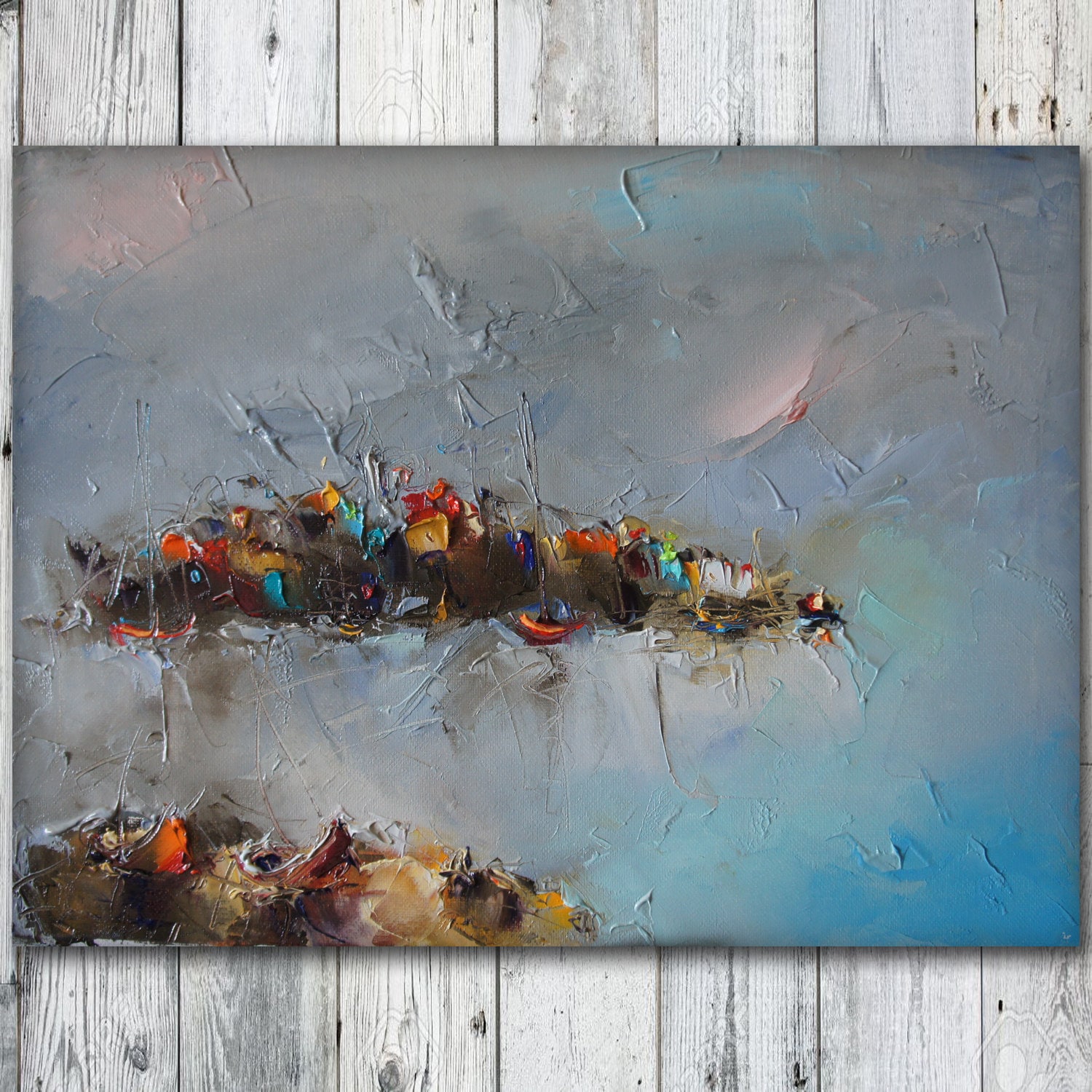 風景油絵、パレットナイフ、抽象画、キャンバスアート、オリジナル