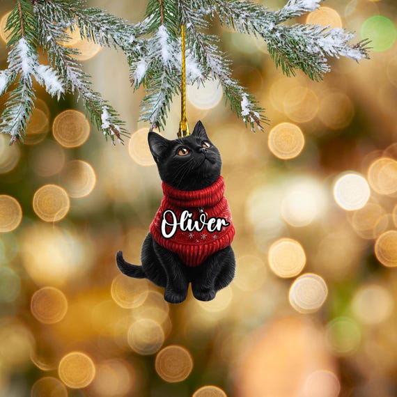 パーソナライズされた黒猫のクリスマスオーナメント：アクリル製