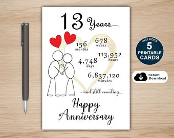 13th Anniversary Card, Couple Design, 5 Printable PDF Cards