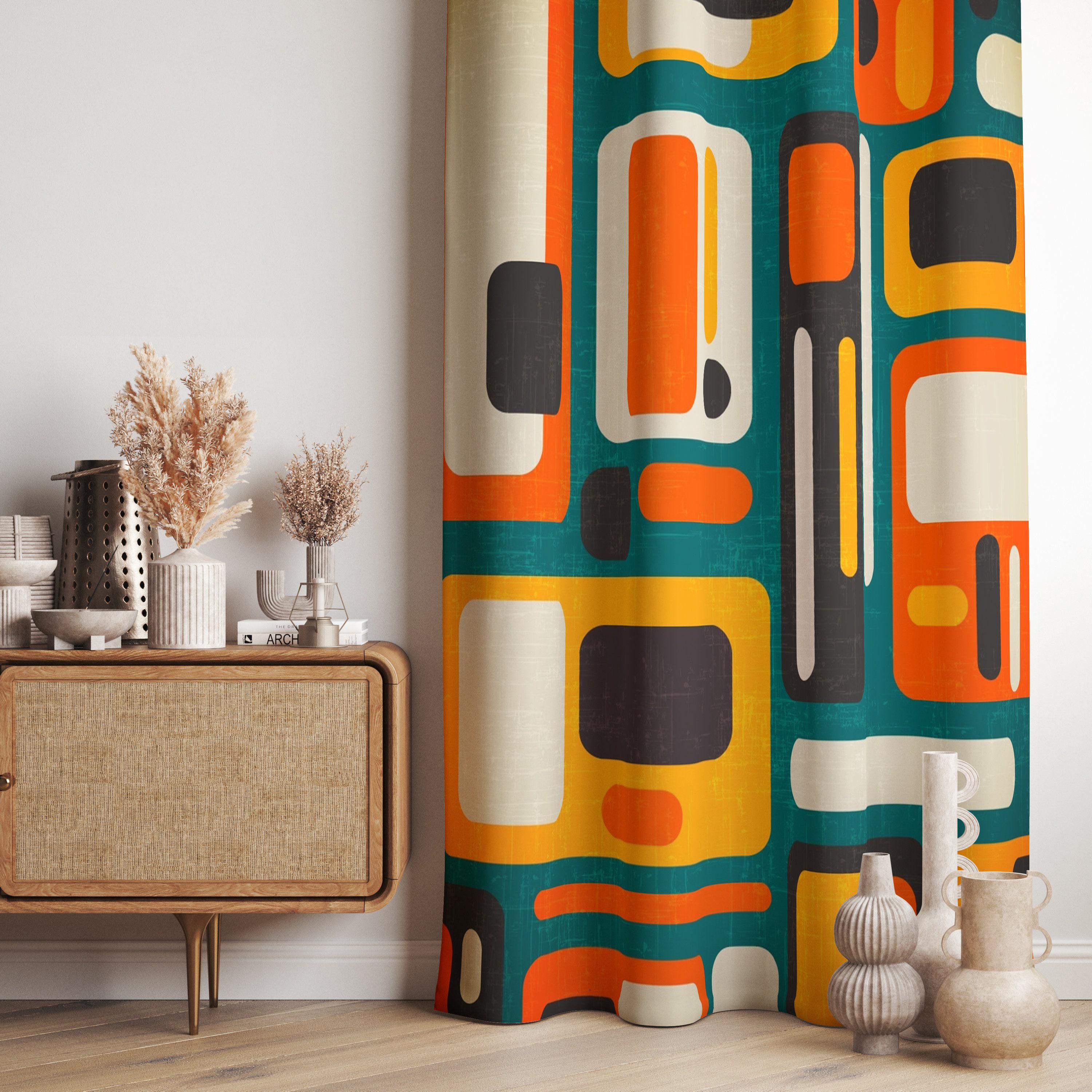 70年代風レトロプリントカーテン、レトロ幾何学模様カーテン、レトロ