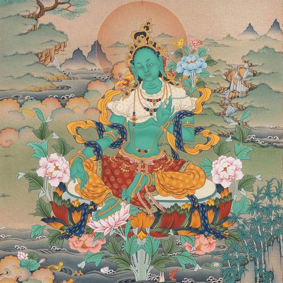グリーン タラ キャンバス プリント、チベット仏教アート ジークレー