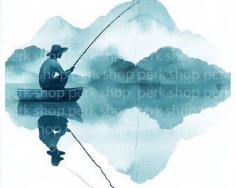 釣り人の水彩画クリップアート：ボートの風景画（デジタルダウンロード