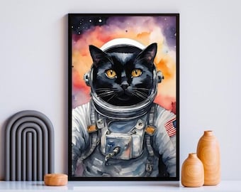 宇宙猫：水彩画風の黒猫宇宙飛行士のプリント - Etsy 日本