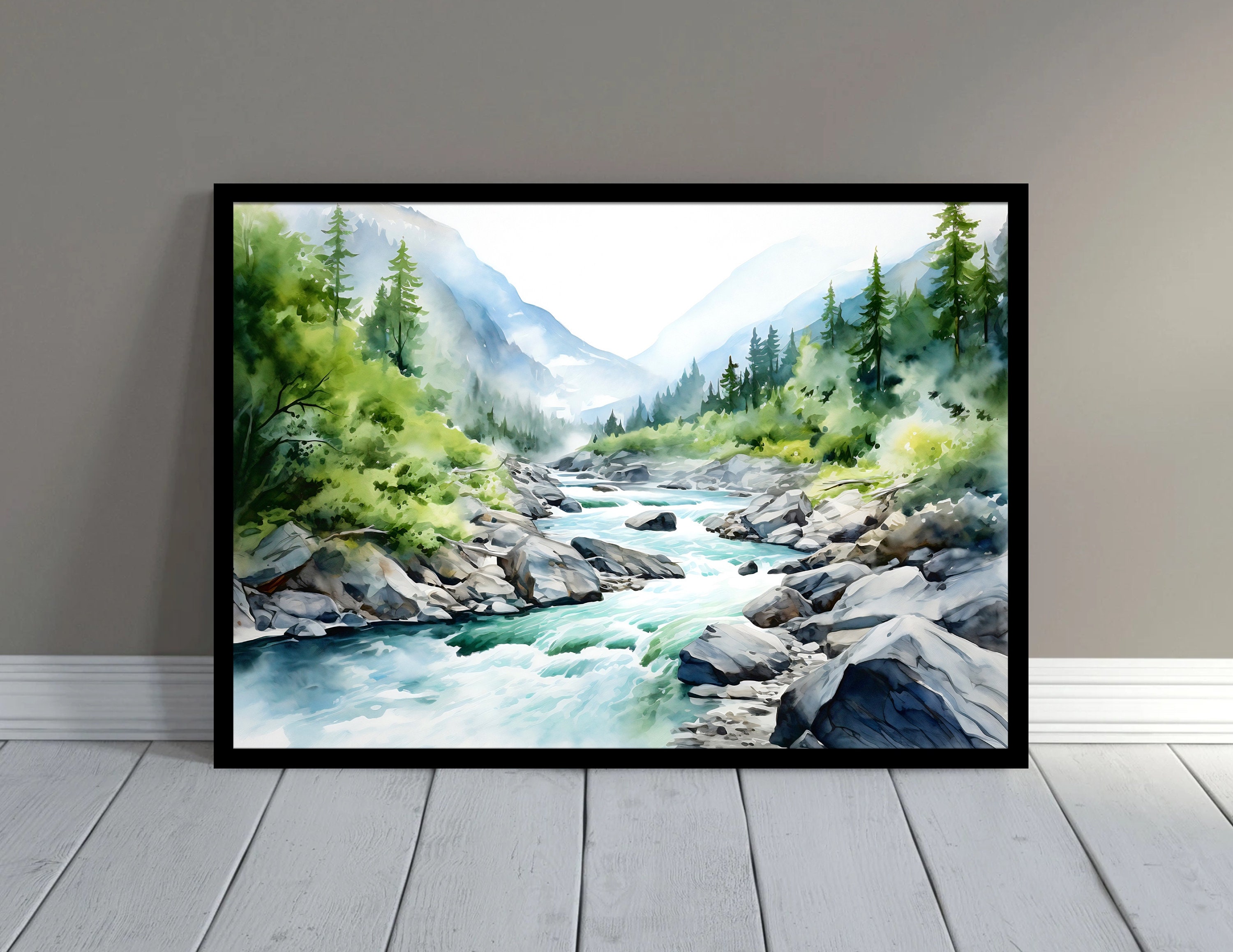 山川の水彩風景、松の木の壁アート、青緑のアートプリント、松林の絵画