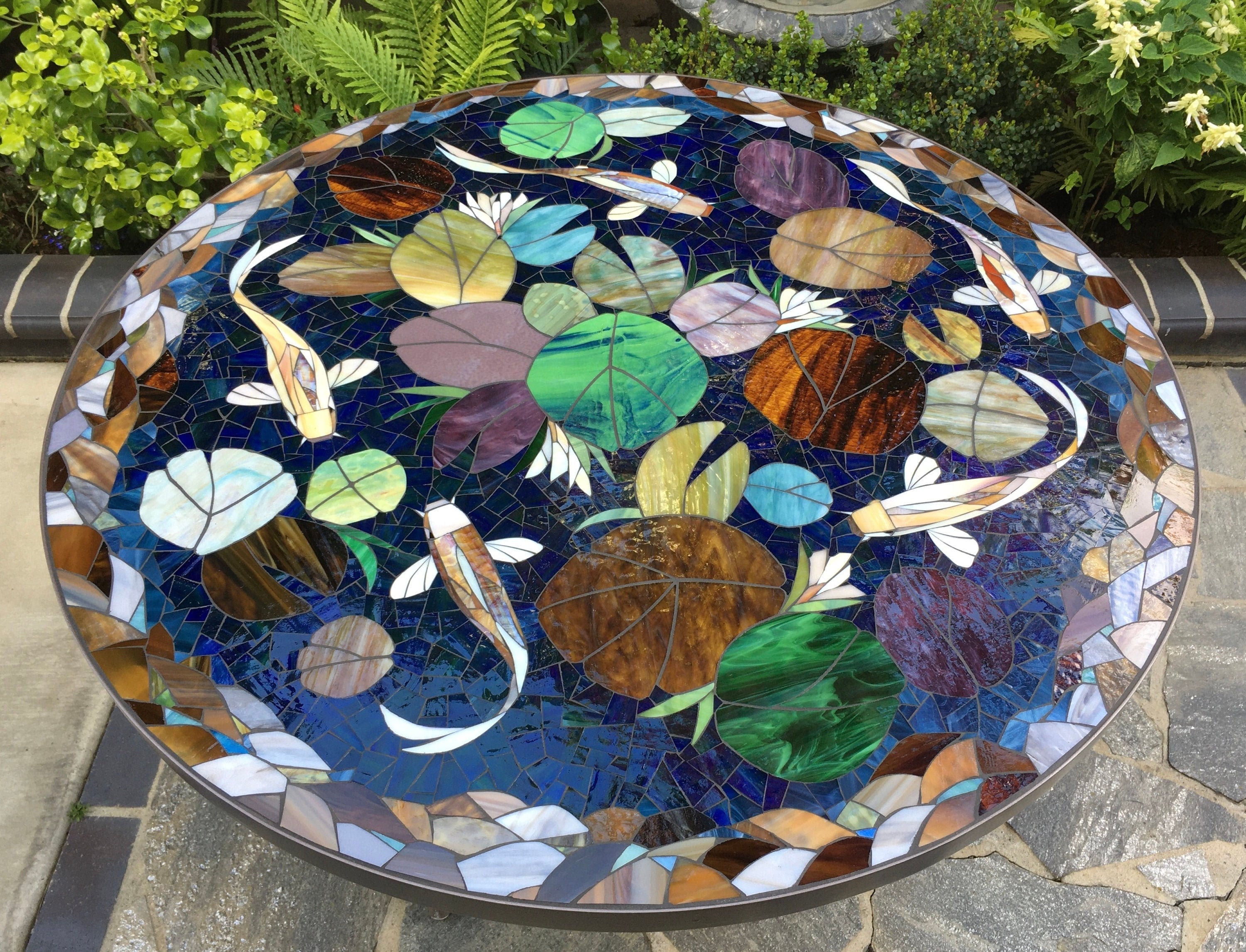 Handcrafted Stained Glass Mosaic Koi Pond Table Top - 48” Custom