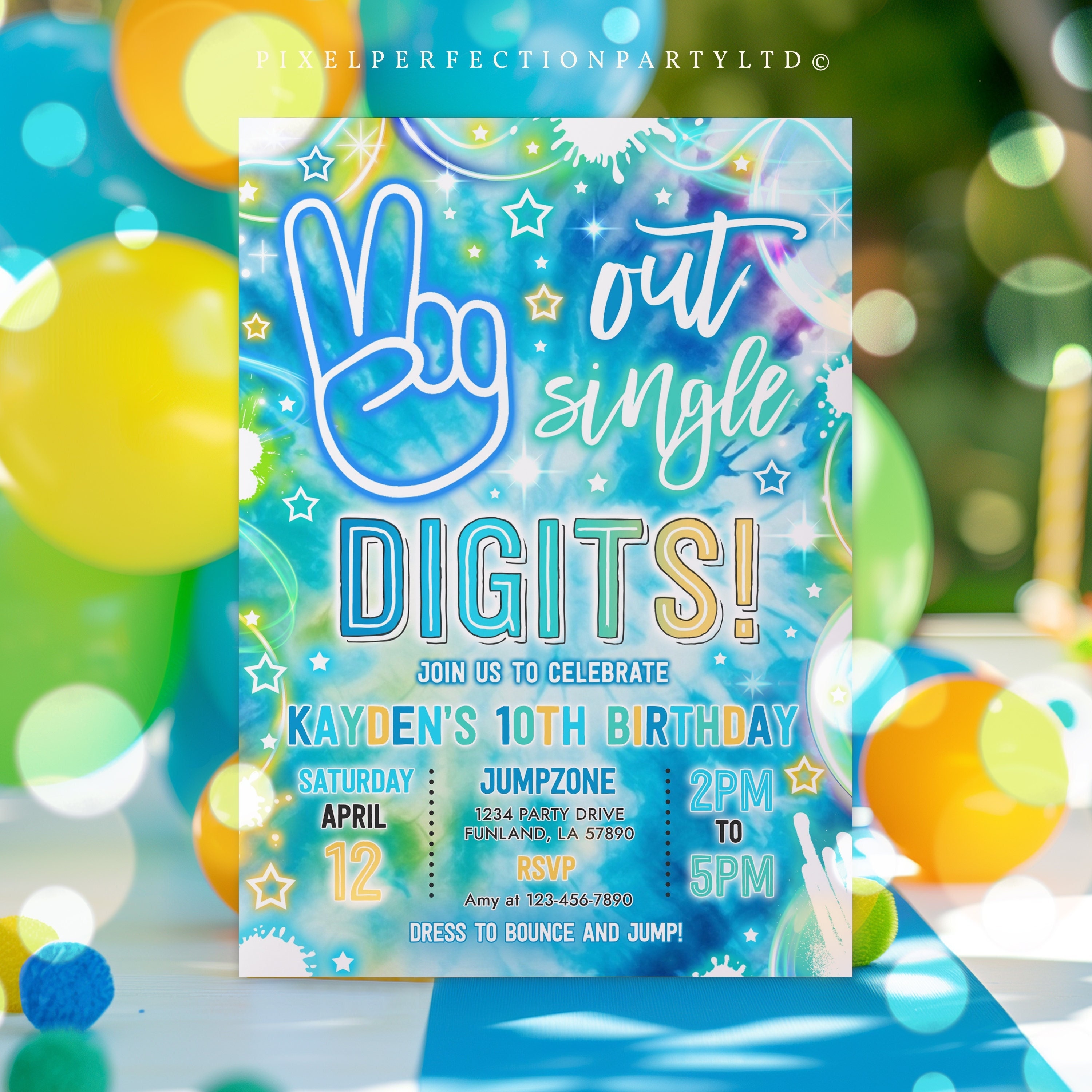 Editable Peace Out Single Digits Birthday Party Invitation Neon