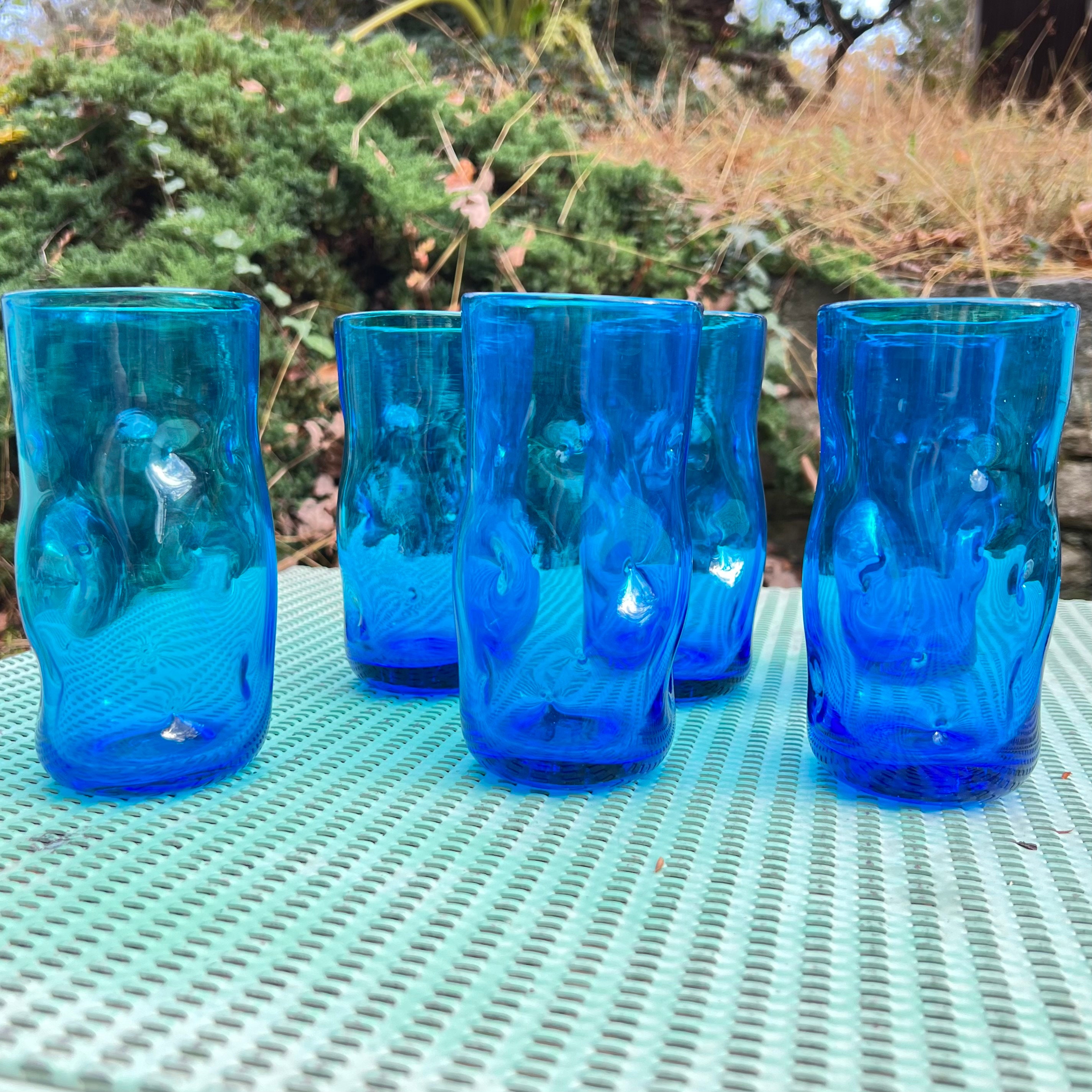 6 Blue Blenko Style Thick Walled Large Dimple Glasses - Etsy