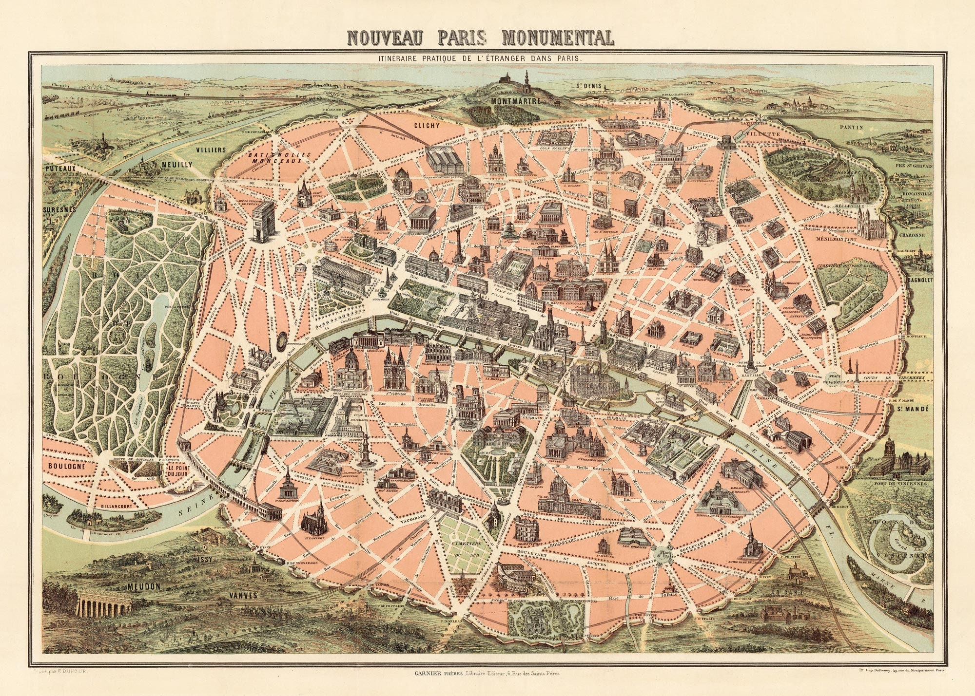 1889年のエッフェル塔付きパリ地図、フランスのパリの古い絵地図、最大