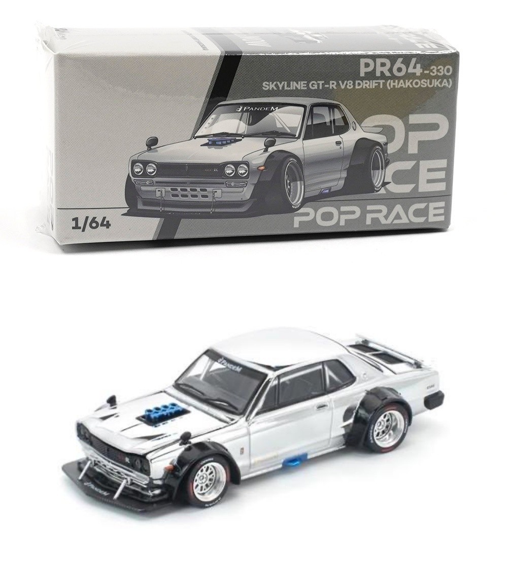 Pop Race Nissan Skyline GT-R V8 Drift Hakosuka Silver Chrome 1:64