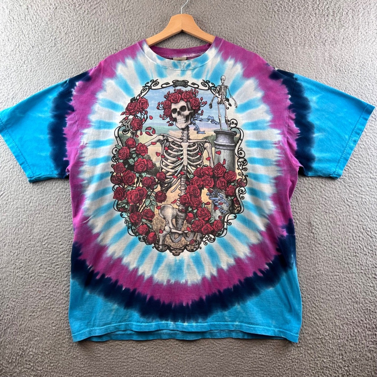 Vintage 1995 Grateful Dead Liquid Blue Tie Dye Skeleton Roses T