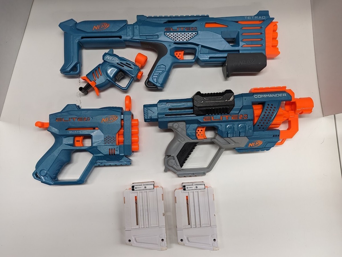 Nerf Elite 2.0 Blue Tetrad Commander Quadfire Blaster Gun Lot & 2