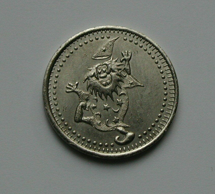 Vintage Lucky Horseshoe Star Token - wizard in stars/moons cloak