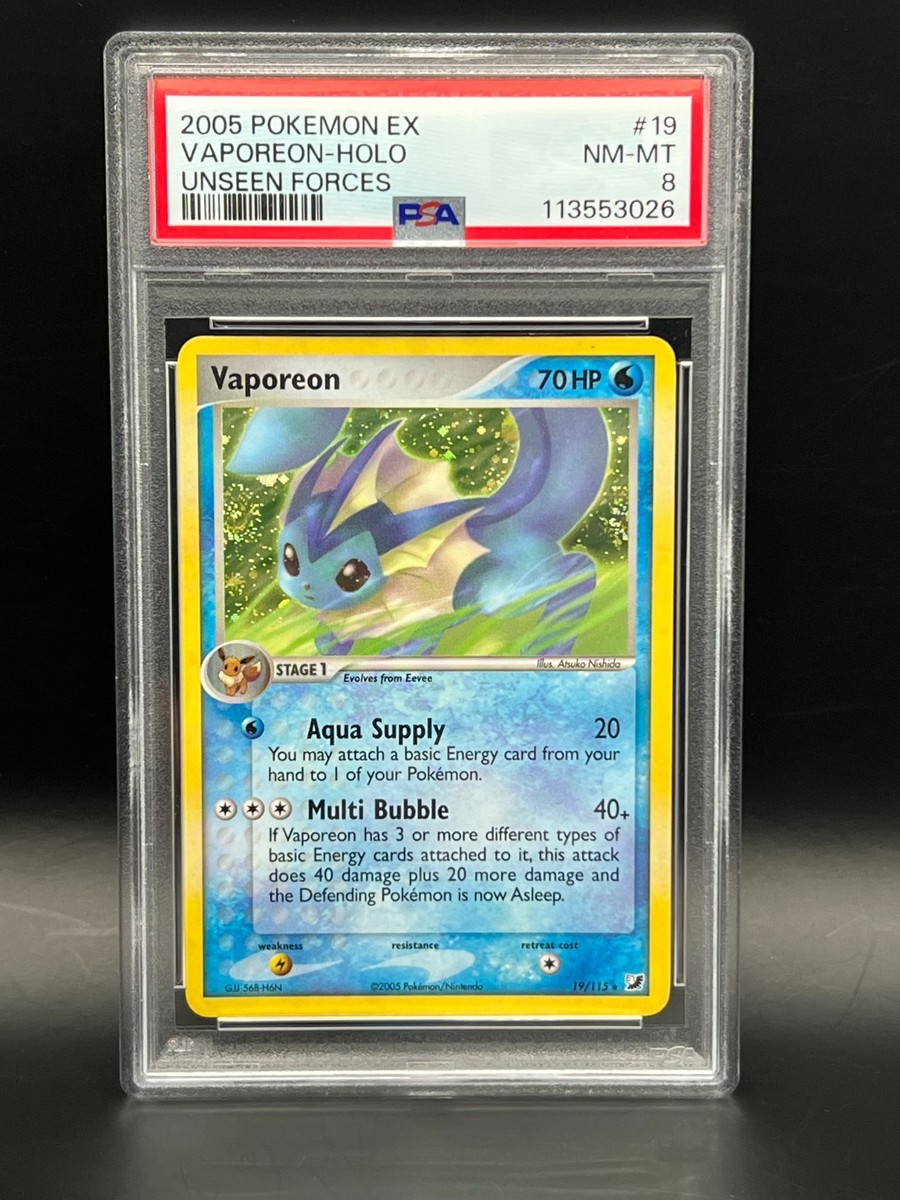PSA 8 NM-MT- VAPOREON HOLO 19/115 with Swirls- 2005 EX UNSEEN