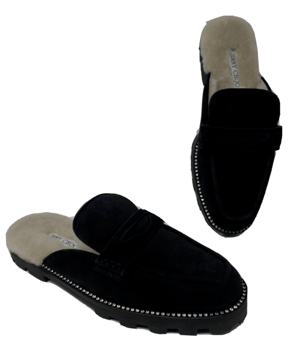 Jimmy Choo Ronnie Suede & Shearling Mule Penny Loafer Black