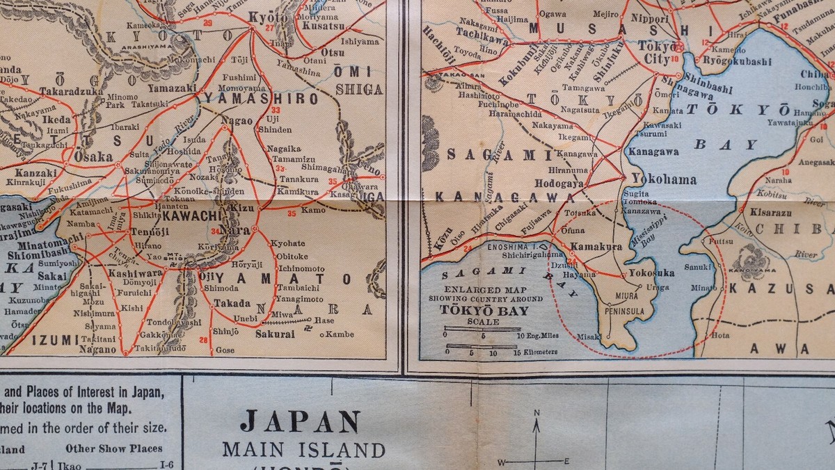 1914 JAPAN JAPANESE MAP MAIN ISLAND HONDO TOKYO BAY KAWACHI