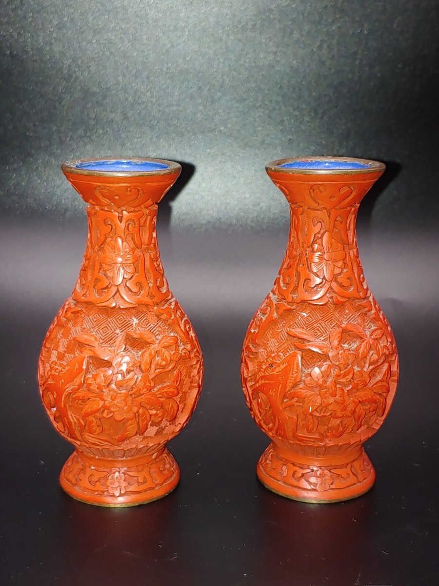 剔红漆器赏瓶Group Antique Chinese Qing Hand Carved Cinnabar