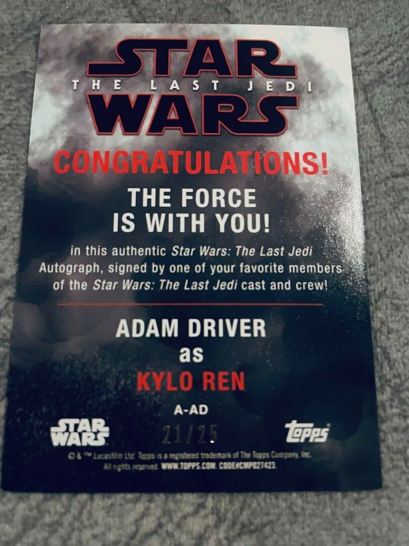 Topps Star Wars ADAM DRIVER as KYLO REN Autograph Card Limited to