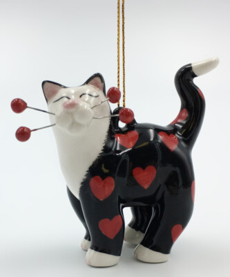 Amy Lacombe Whimsiclay Kitty Cat Black with Red Hearts Valentine