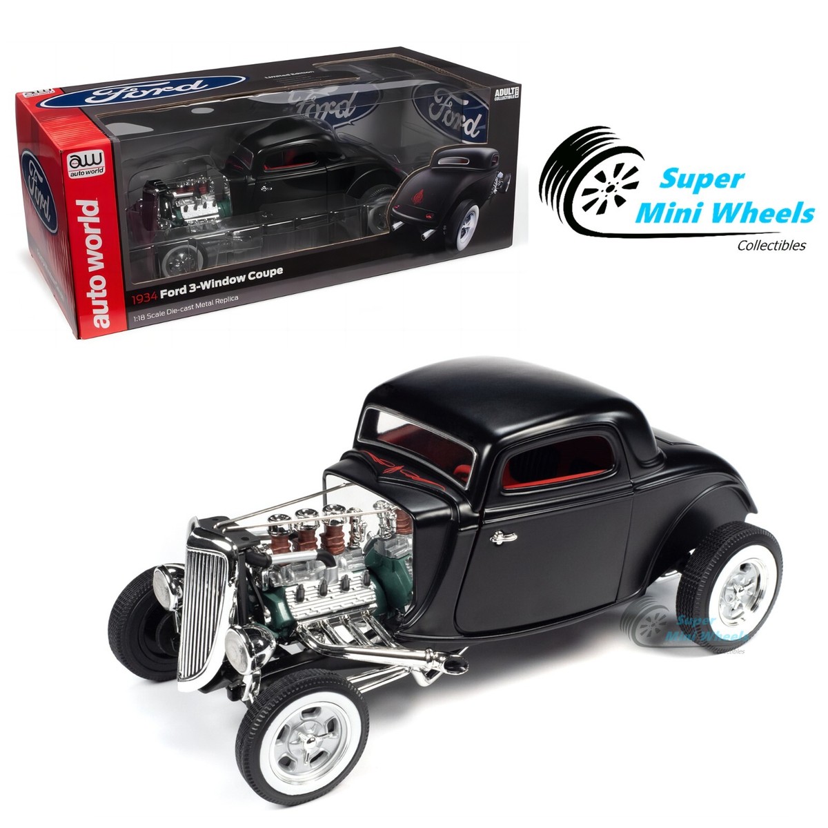 Auto World 1:18 - 1934 Ford 3-Window Coupe HighBoy Hot Rod – Matte