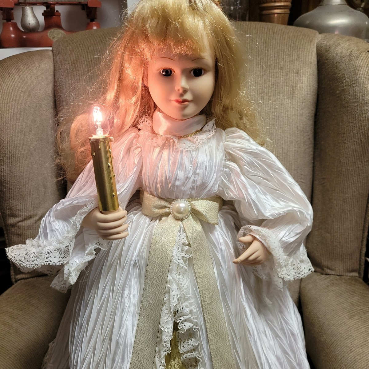 Vintage Large Mechanical Doll Angel Christmas Candle Movable White