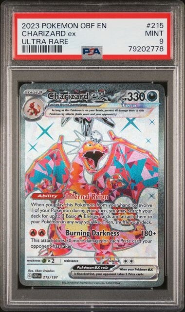 PSA 9 Mint Charizard ex 215/197 Pokemon TCG Obsidian Flames Ultra