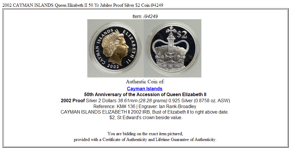 2002 CAYMAN ISLANDS Queen Elizabeth II 50 Yr Jubilee Proof Silver